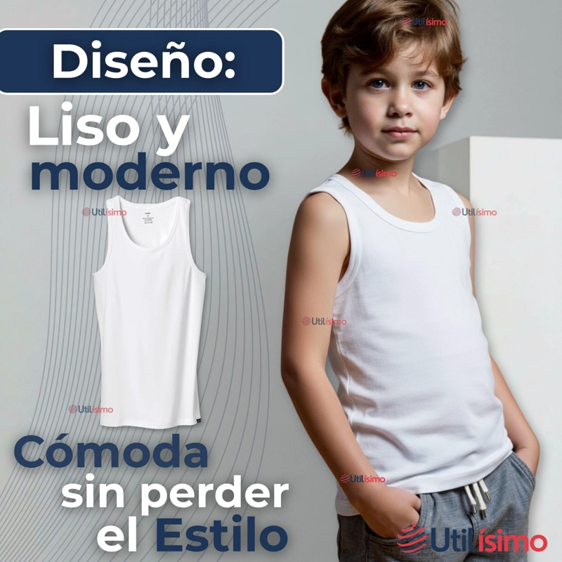 CAMISETA SIN MANGA BASICA SUAVE 100% ALGODON BLANCO NIÑO - 7