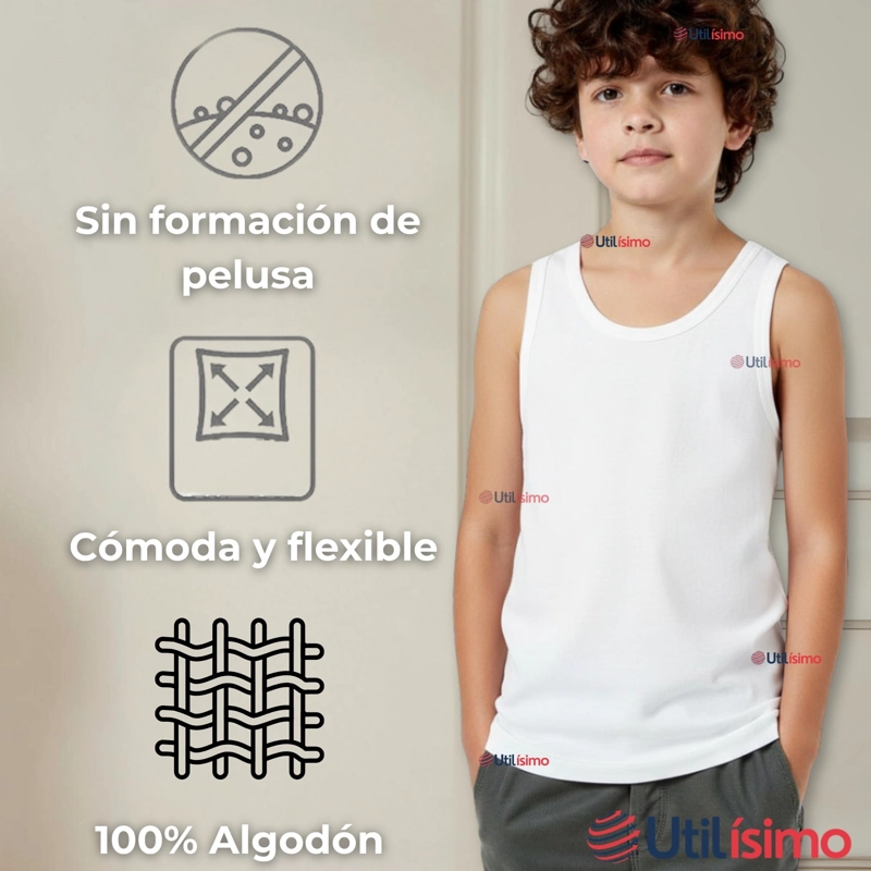 CAMISETA SIN MANGA BASICA SUAVE 100% ALGODON BLANCO NIÑO - 10