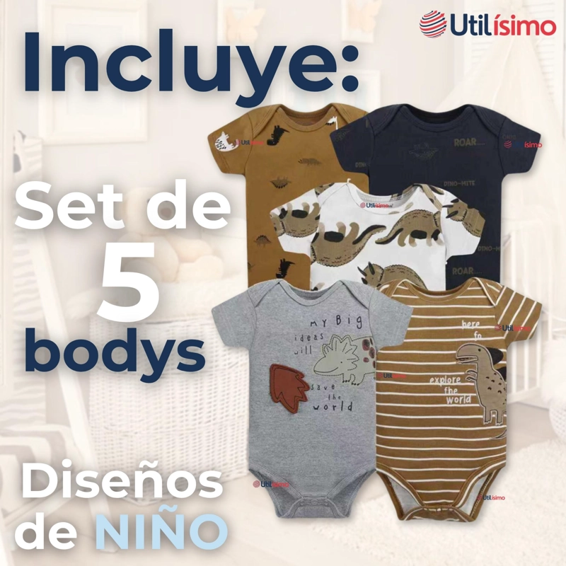 PACK 5 BODYS NIÑO MANGA CORTA TEDMIMAK 100% ALGODON DINO ROAR - 4
