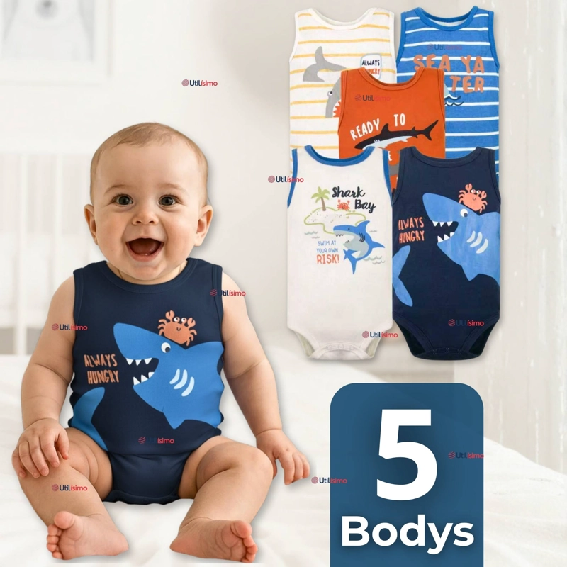 PACK 5 BODYS NIÑO SIN MANGA TEDMIMAK 100% ALGODON BABY SHARK - 1