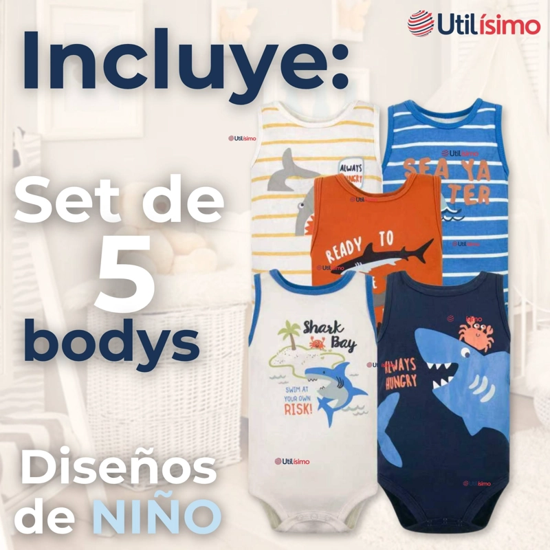 PACK 5 BODYS NIÑO SIN MANGA TEDMIMAK 100% ALGODON BABY SHARK - 4