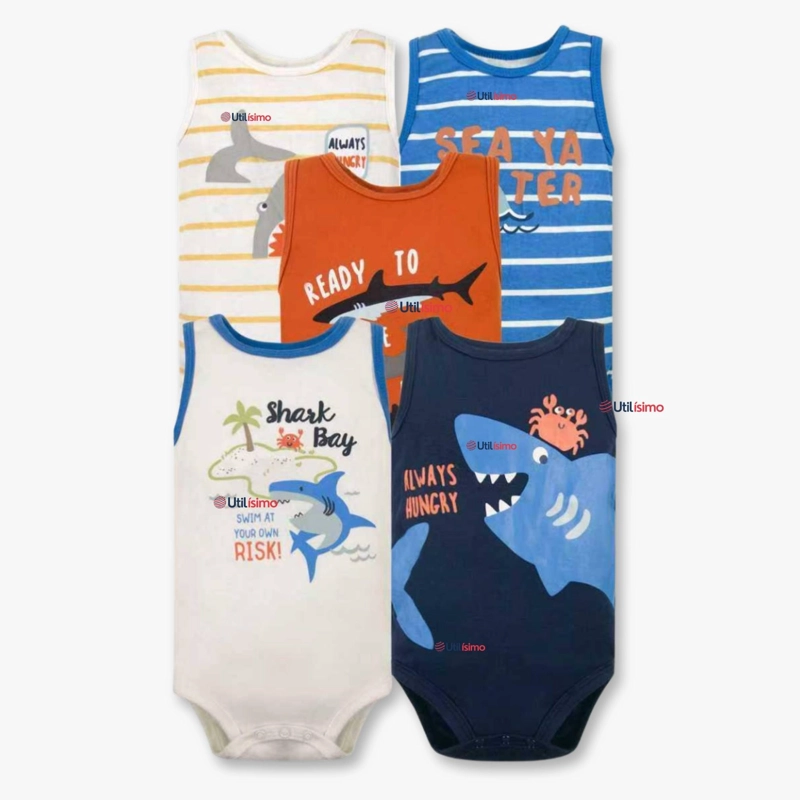 PACK 5 BODYS NIÑO SIN MANGA TEDMIMAK 100% ALGODON BABY SHARK - 1