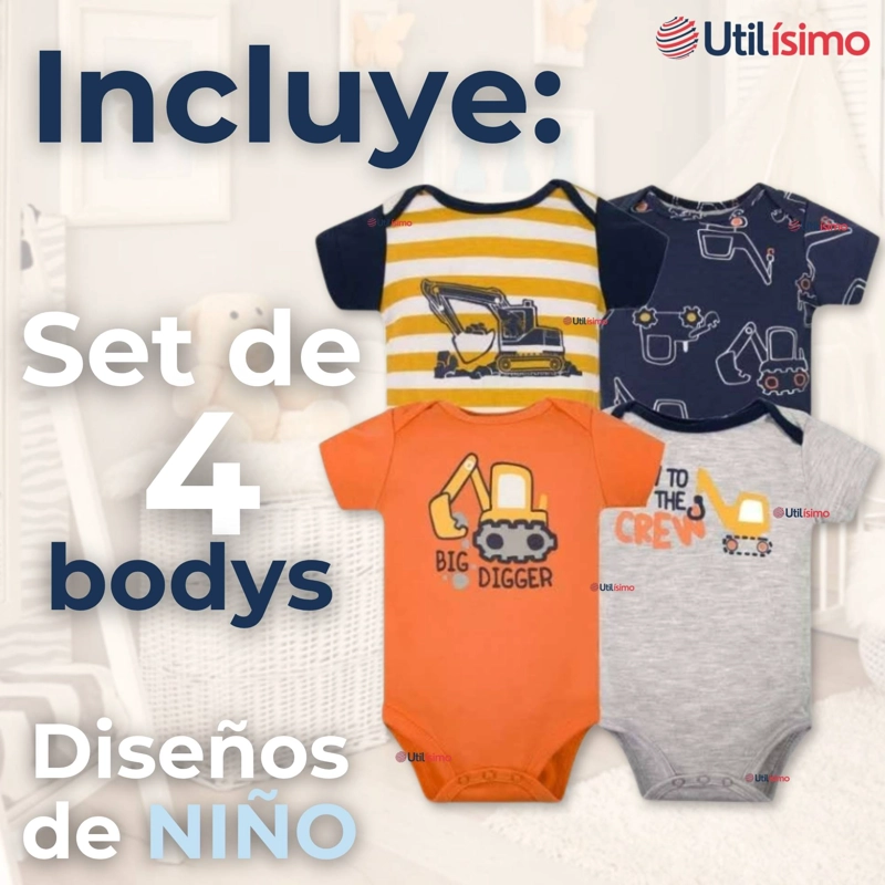 PACK 4 BODYS NIÑO MANGA CORTA TEDMIMAK 100% ALGODON BABY BUILDERS IN ACTION - 4