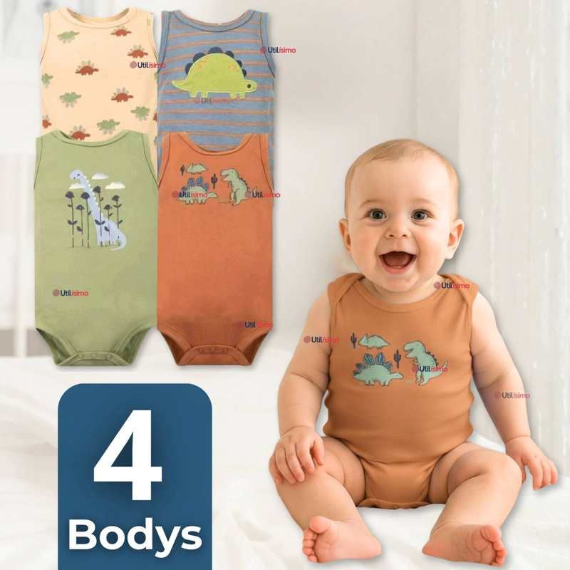 PACK 4 BODYS NIÑO SIN MANGA TEDMIMAK 100% ALGODON BABY DINO - 1