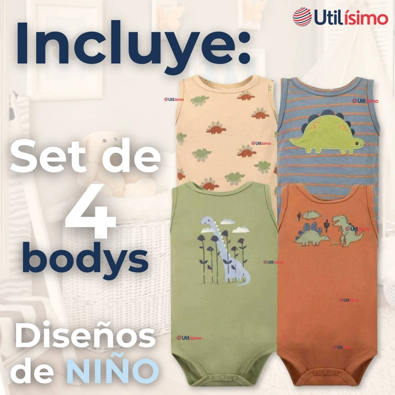 PACK 4 BODYS NIÑO SIN MANGA TEDMIMAK 100% ALGODON BABY DINO - 6