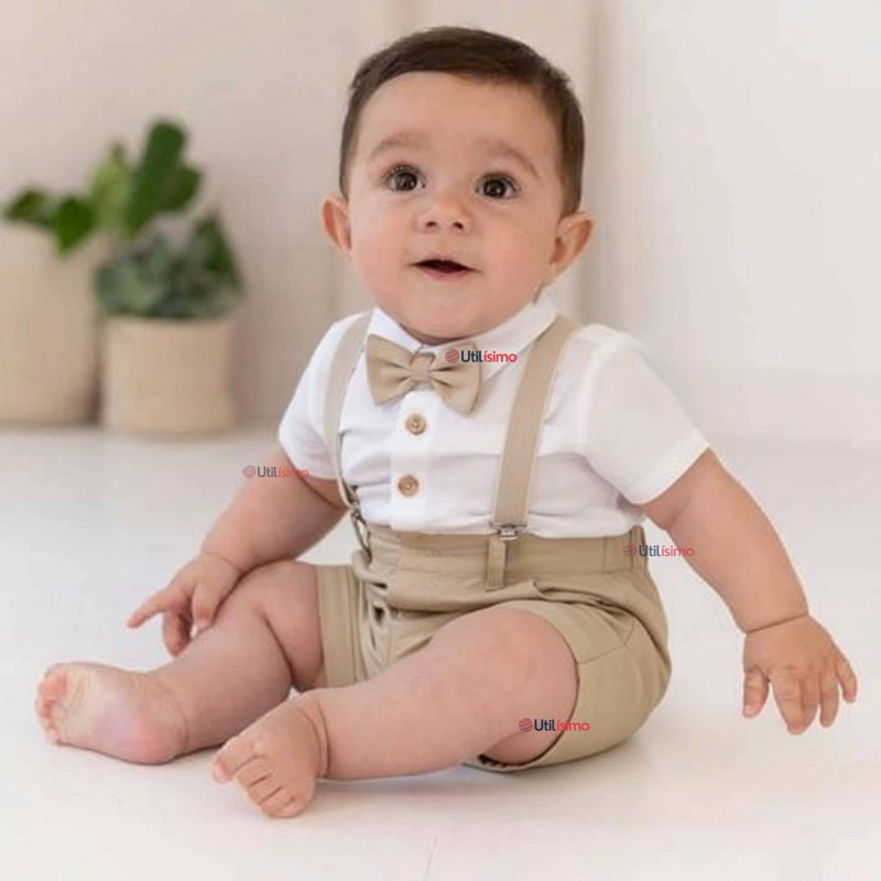 CONJUNTO DE VESTIR CON TIRANTES CAMISA SHORT ALGODON BEBES BEIGE - 1