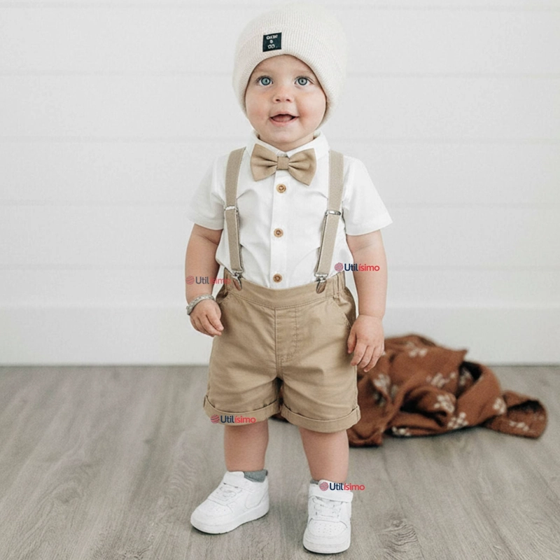 CONJUNTO DE VESTIR CON TIRANTES CAMISA SHORT ALGODON BEBES BEIGE - 1