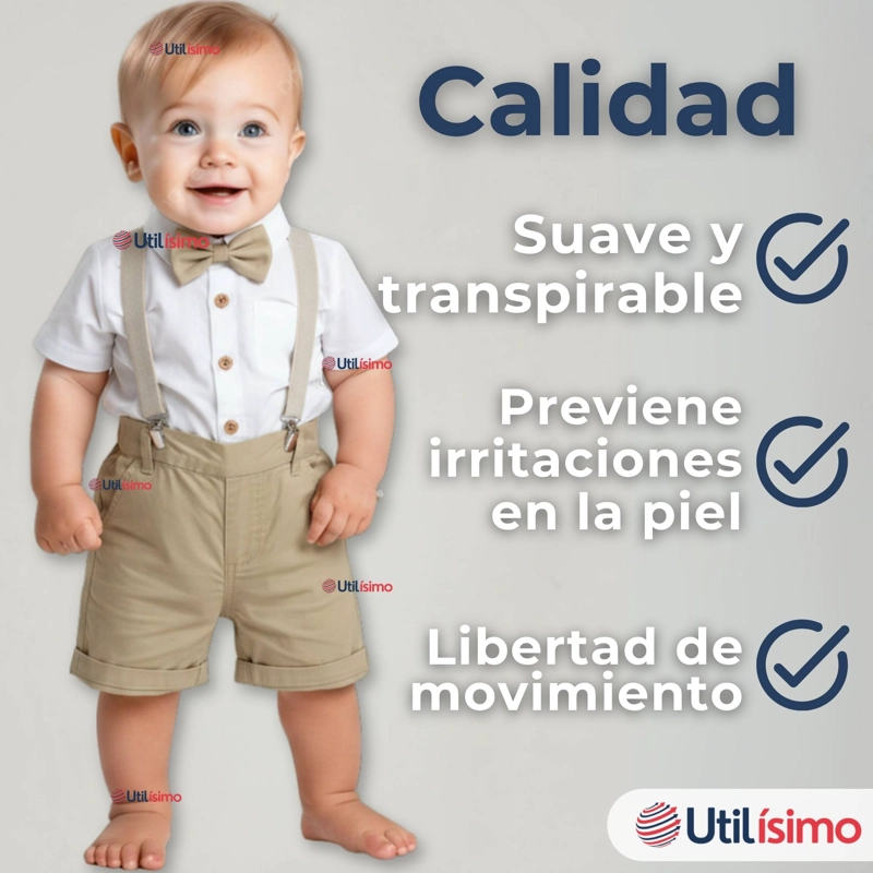 CONJUNTO DE VESTIR CON TIRANTES CAMISA SHORT ALGODON BEBES BEIGE - 3