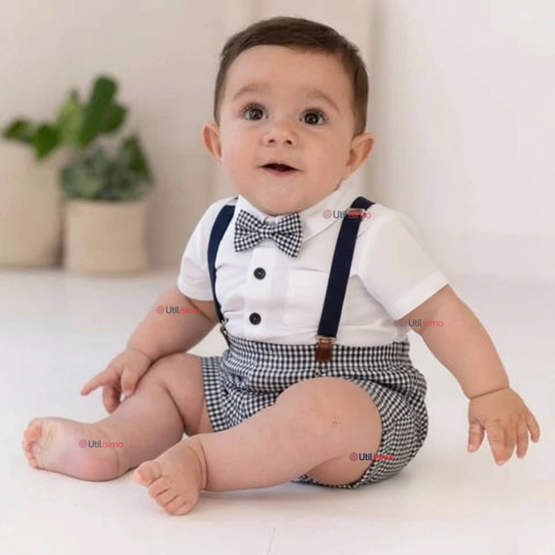 CONJUNTO DE VESTIR CON TIRANTES CAMISA PANTALON CORTO ALGODON BEBE  AZUL - 1