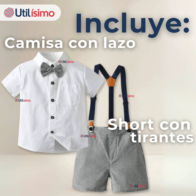 CONJUNTO DE VESTIR CON TIRANTES CAMISA PANTALON CORTO ALGODON BEBE  AZUL - 5