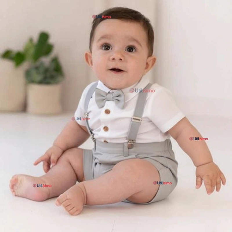 CONJUNTO DE VESTIR CON TIRANTES CAMISA PANTALON CORTO ALGODON BEBE  GRIS - 1