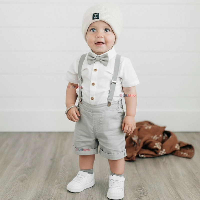 CONJUNTO DE VESTIR CON TIRANTES CAMISA PANTALON CORTO ALGODON BEBE  GRIS - 1