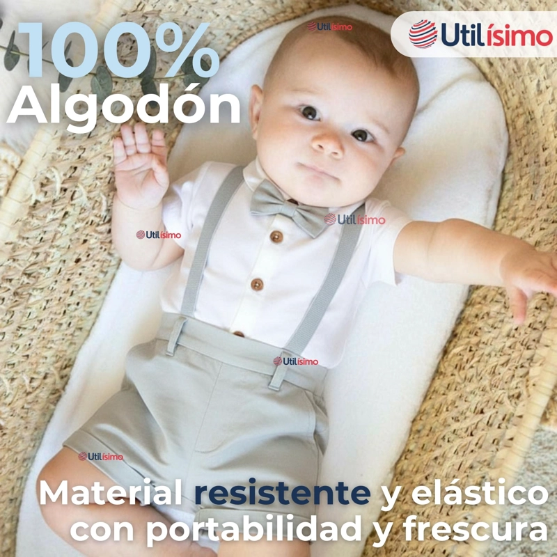 CONJUNTO DE VESTIR CON TIRANTES CAMISA PANTALON CORTO ALGODON BEBE  GRIS - 7