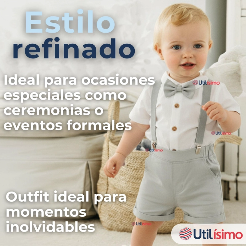 CONJUNTO DE VESTIR CON TIRANTES CAMISA PANTALON CORTO ALGODON BEBE  GRIS - 10