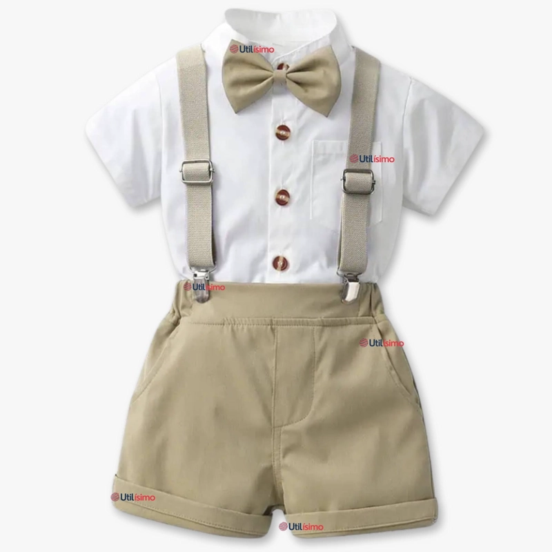 CONJUNTO DE VESTIR CON TIRANTES CAMISA SHORT ALGODON BEBES BEIGE - 1