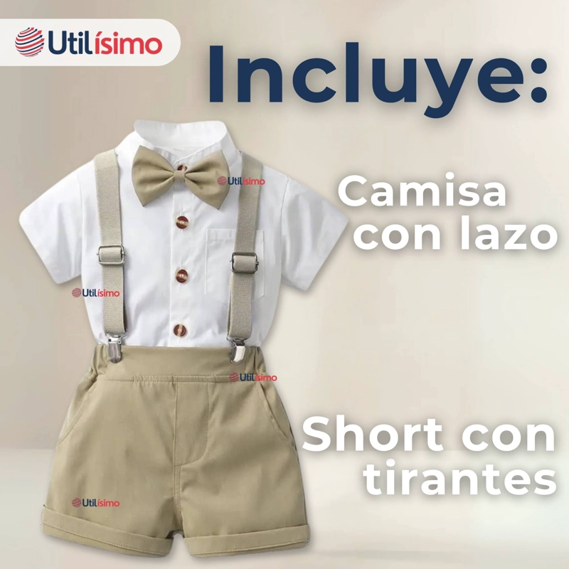 CONJUNTO DE VESTIR CON TIRANTES CAMISA SHORT ALGODON BEBES BEIGE - 5