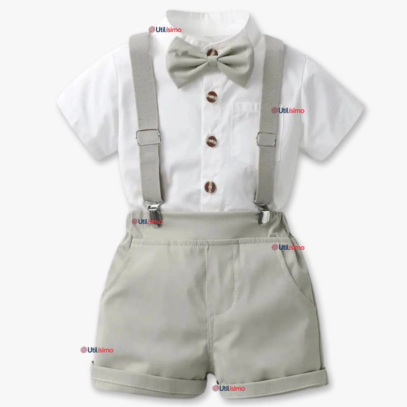 CONJUNTO DE VESTIR CON TIRANTES CAMISA PANTALON CORTO ALGODON BEBE  GRIS - 1