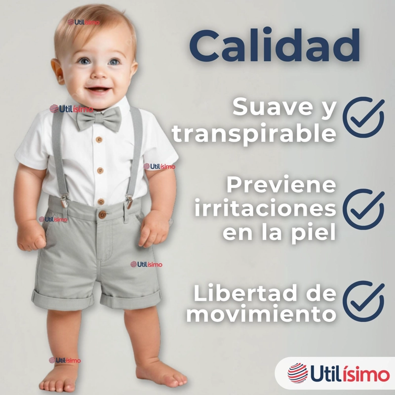 CONJUNTO DE VESTIR CON TIRANTES CAMISA PANTALON CORTO ALGODON BEBE  GRIS - 2