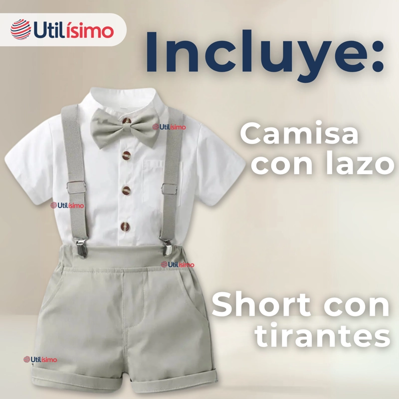CONJUNTO DE VESTIR CON TIRANTES CAMISA PANTALON CORTO ALGODON BEBE  GRIS - 5