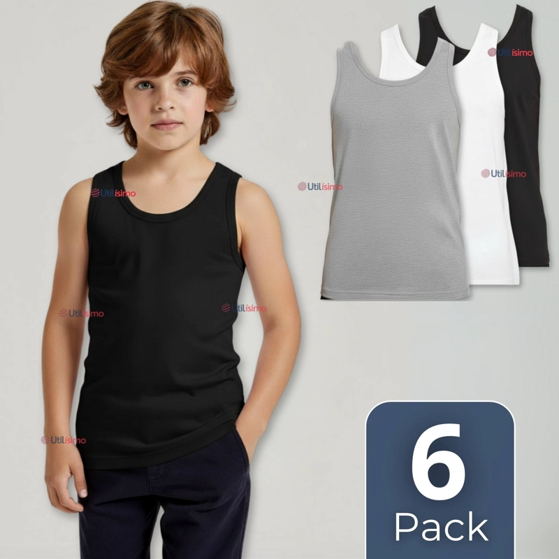PACK 6 CAMISETA SIN MANGA BASICA SUAVE 100% ALGODON COLORES SURTIDOS NIÑO Y JUVENIL - 1