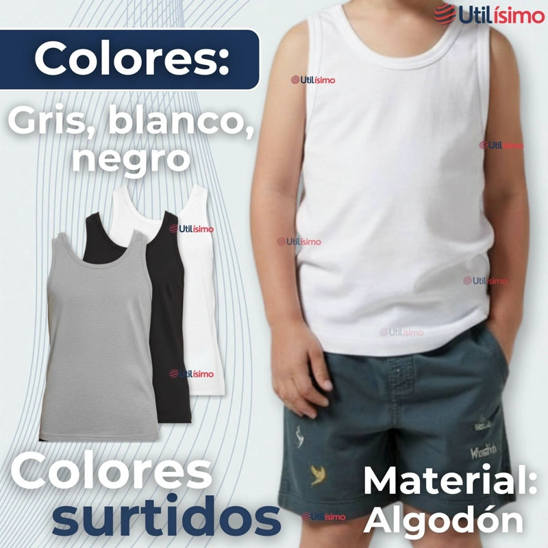 PACK 6 CAMISETA SIN MANGA BASICA SUAVE 100% ALGODON COLORES SURTIDOS NIÑO Y JUVENIL - 3