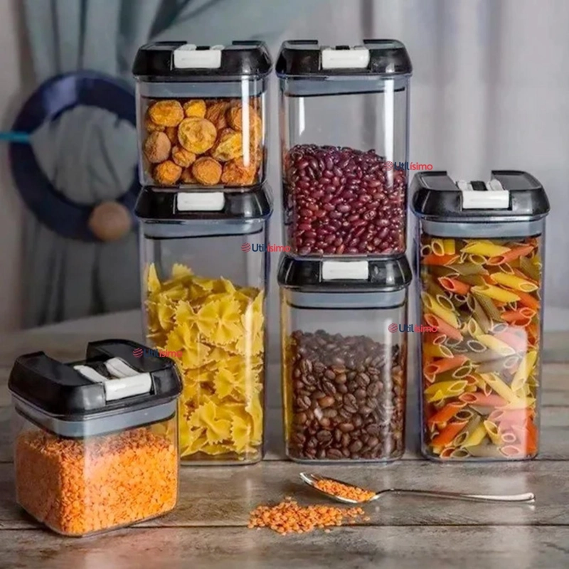 SET CONTENEDORES DE ALIMENTOS 7 PIEZAS HERME TICOS DE PLASTICO COCINA DESPENSA NEGRO - 1