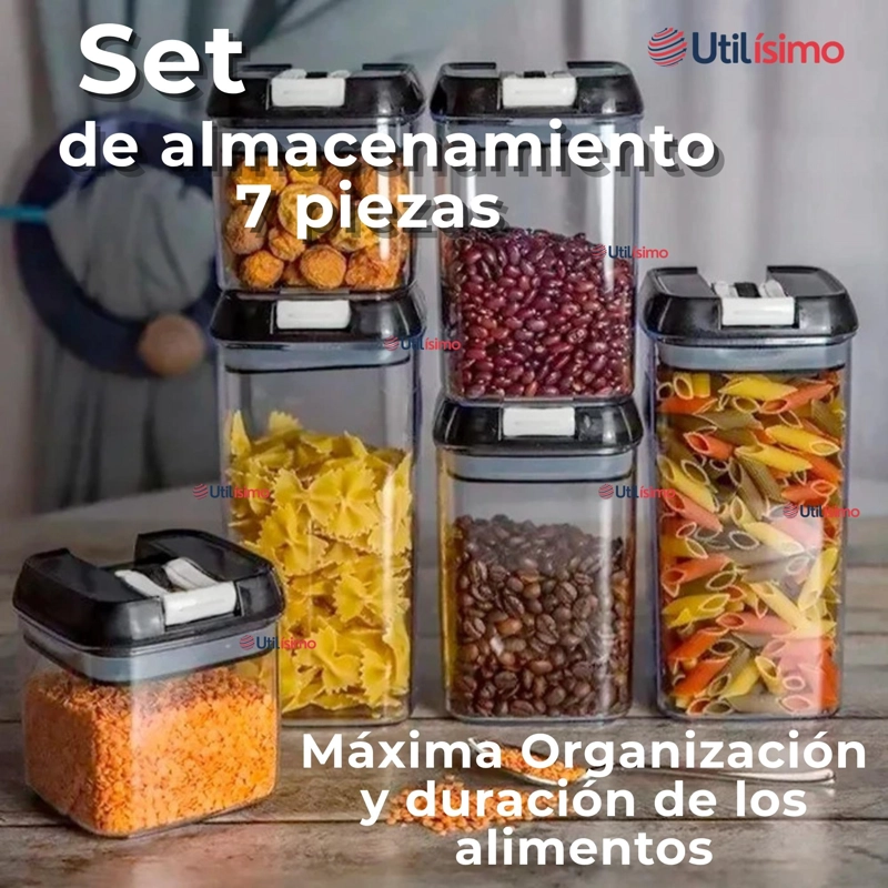 SET CONTENEDORES DE ALIMENTOS 7 PIEZAS HERME TICOS DE PLASTICO COCINA DESPENSA NEGRO - 2