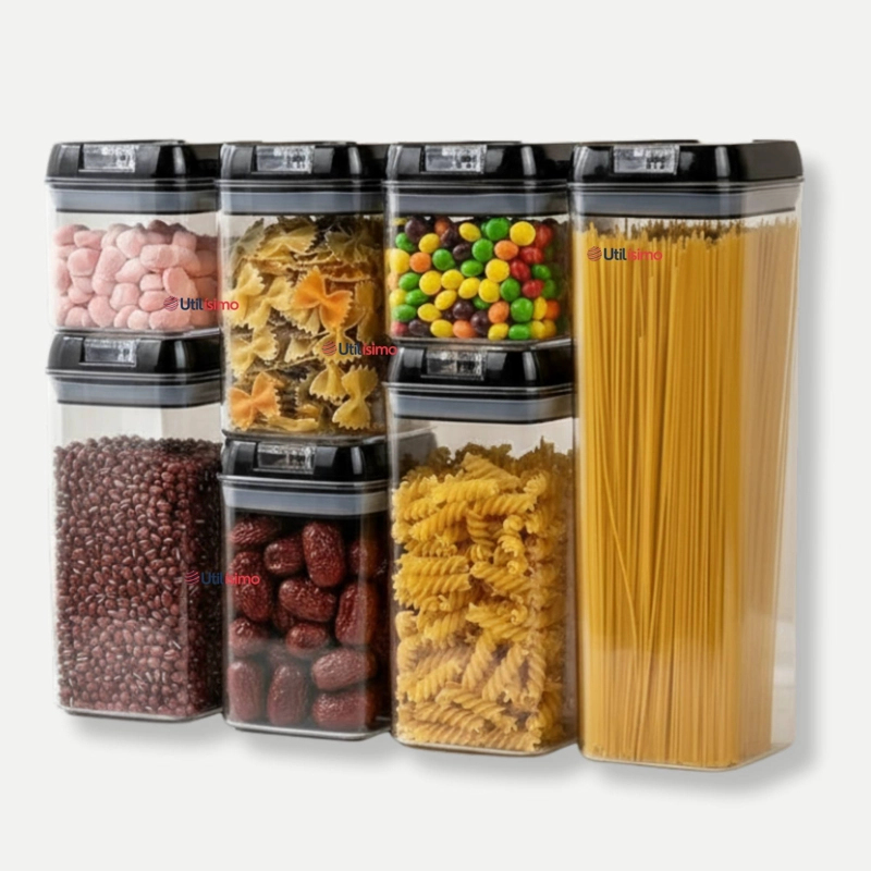 SET CONTENEDORES DE ALIMENTOS 7 PIEZAS HERME TICOS DE PLASTICO COCINA DESPENSA NEGRO - 1