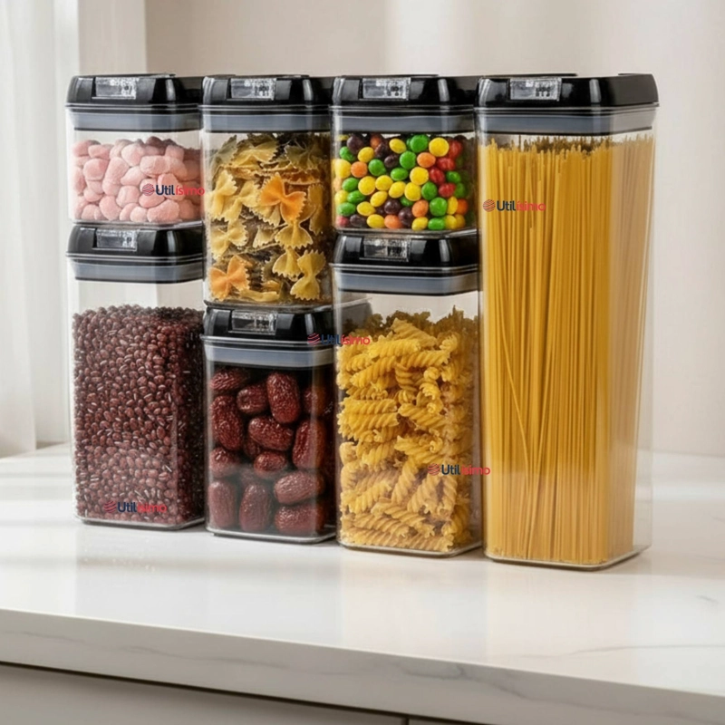 SET CONTENEDORES DE ALIMENTOS 7 PIEZAS HERME TICOS DE PLASTICO COCINA DESPENSA NEGRO - 1