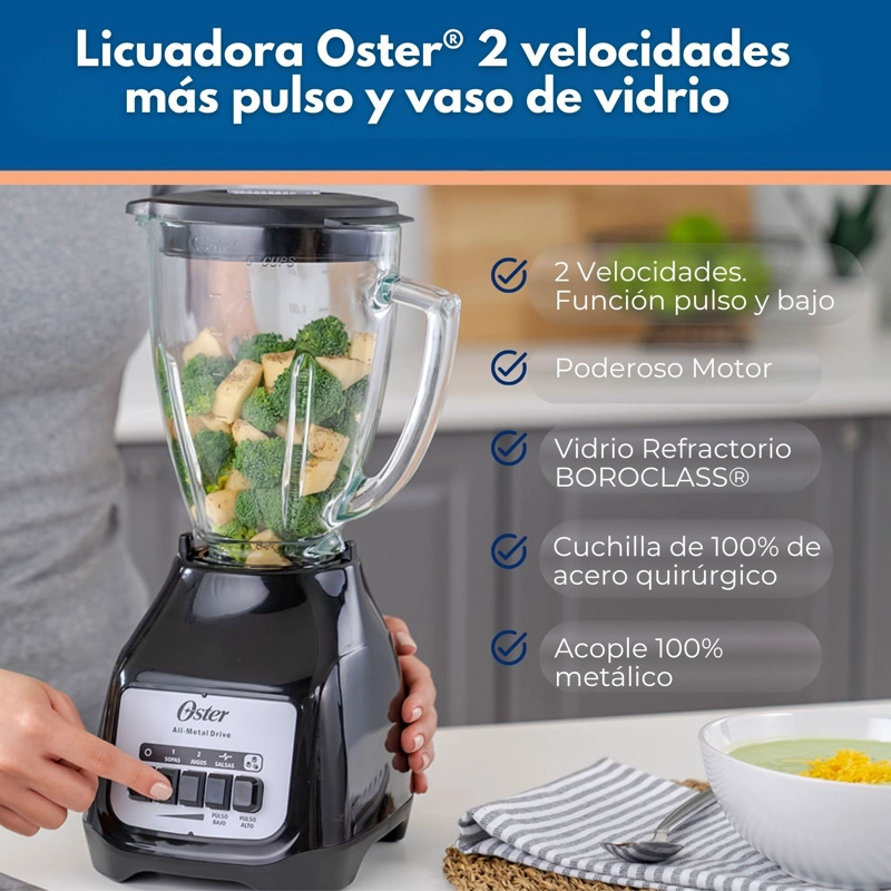 LICUADORA OSTER® 2 VELOCIDADES MAS PULSO Y VASO DE VIDRIO BLSTKAGBPB - 5