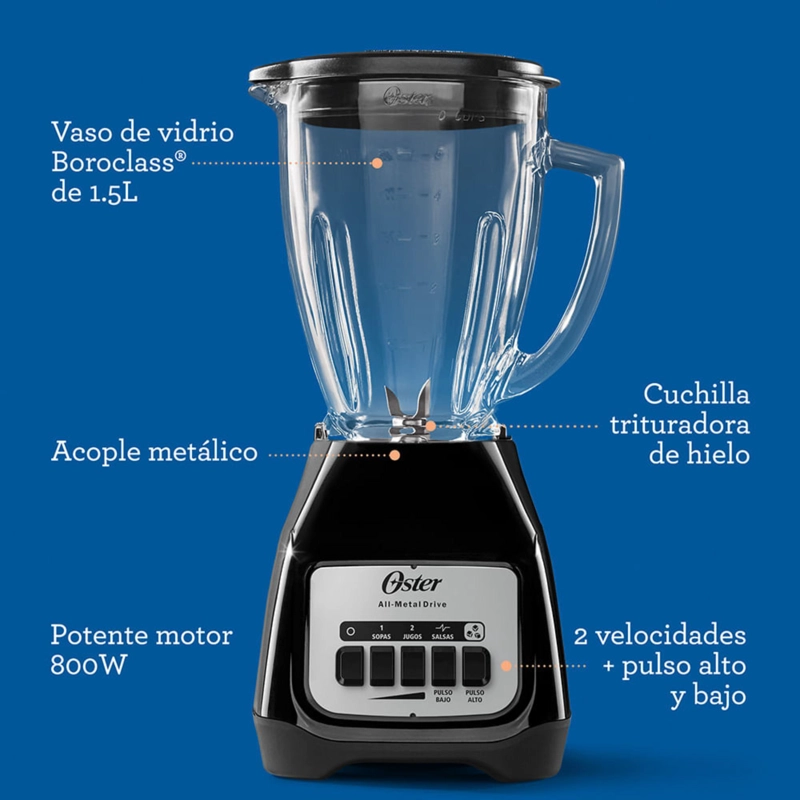 LICUADORA OSTER® 2 VELOCIDADES MAS PULSO Y VASO DE VIDRIO BLSTKAGBPB - 9