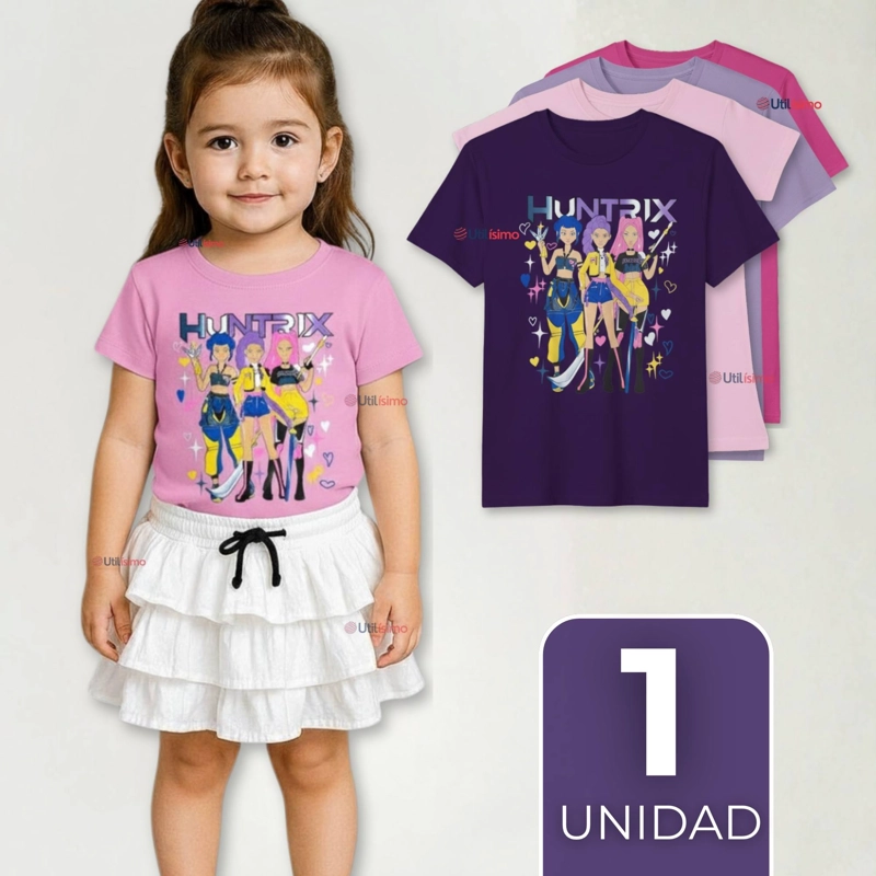 POLERA HUNTRIX 100% ALGODON MANGA CORTA NIÑA HUNTR/X DEMON HUNTERS RUMI MIRA ZOEY - 1