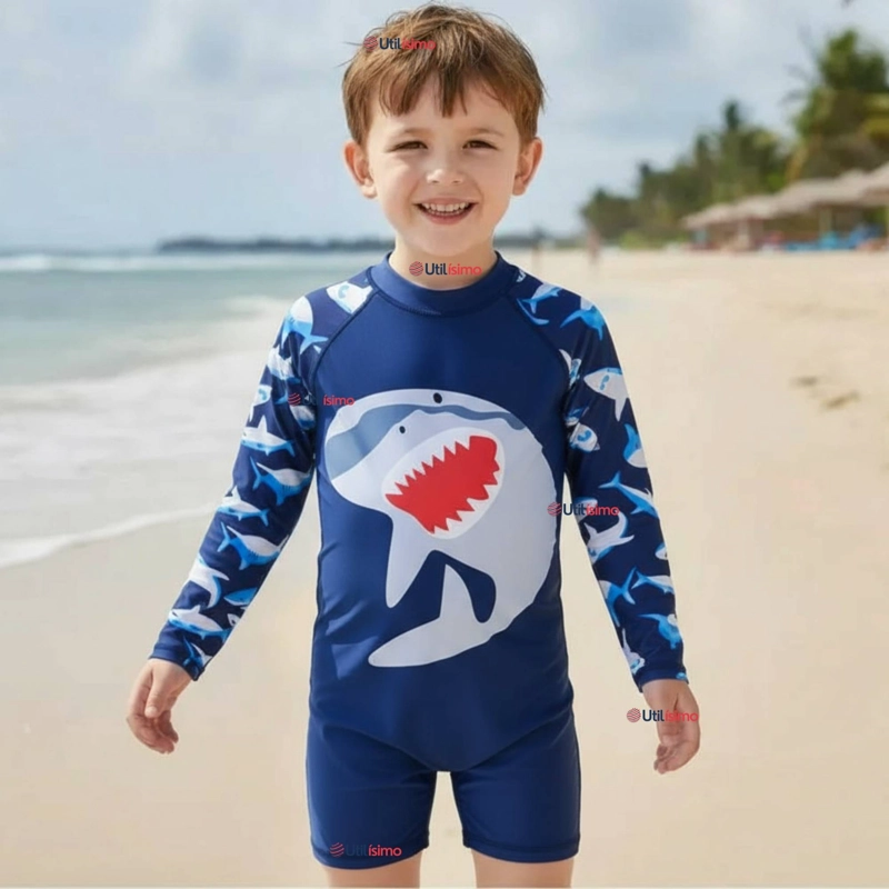 TRAJE DE BAÑO ENTERITO CON CREMALLERA MANGA LARGA NIÑO 2 A 6 AÑOS BLUE SHARK - 1