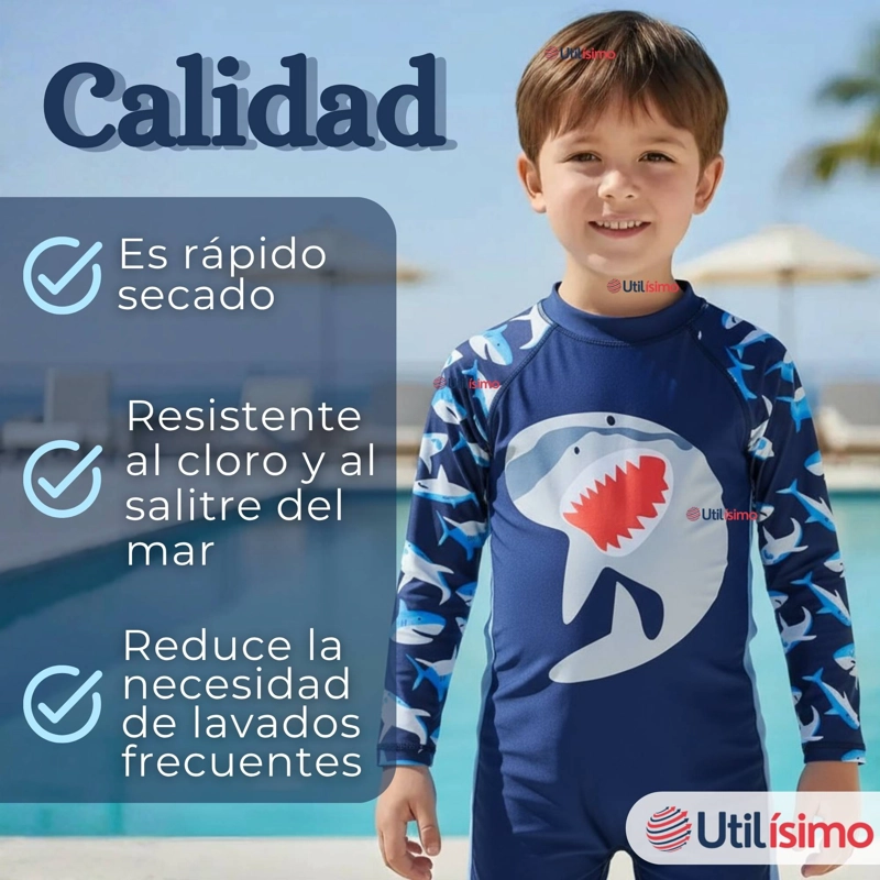 TRAJE DE BAÑO ENTERITO CON CREMALLERA MANGA LARGA NIÑO 2 A 6 AÑOS BLUE SHARK - 2