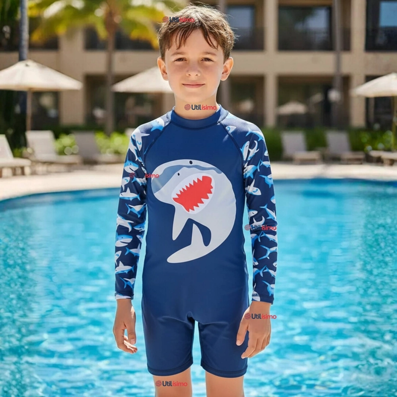 TRAJE DE BAÑO ENTERITO CON CREMALLERA MANGA LARGA NIÑO 2 A 6 AÑOS BLUE SHARK - 1