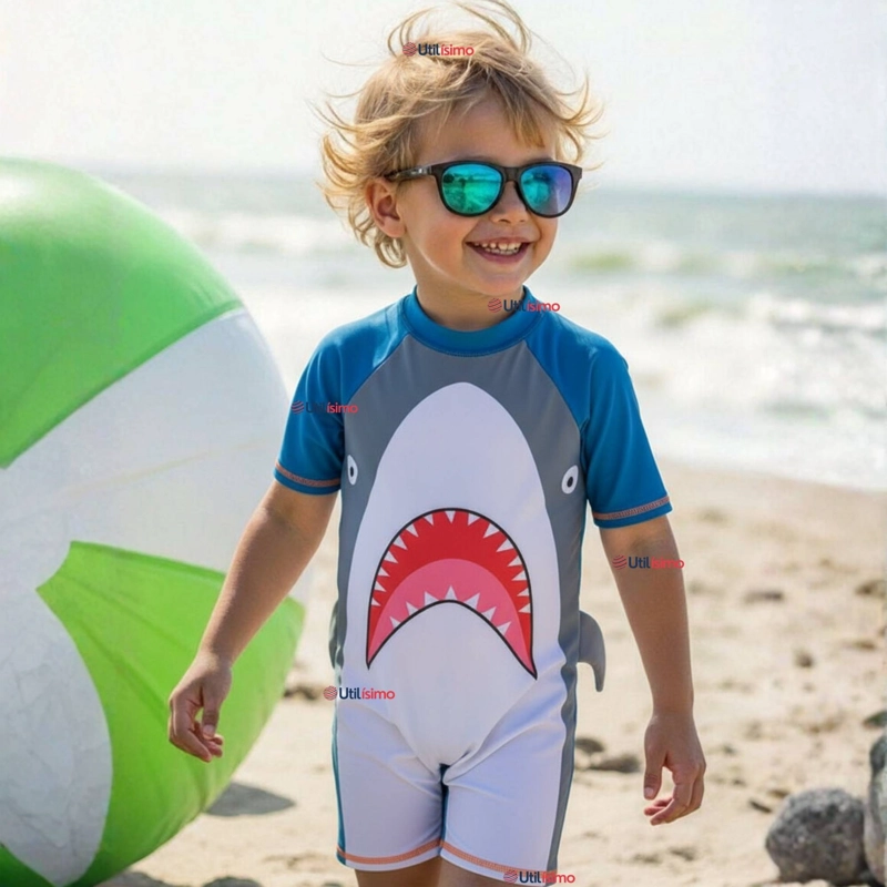TRAJE DE BAÑO ENTERITO CON CREMALLERA MANGA CORTA NIÑO 2 A 6 AÑOS GRAY SHARK - 1