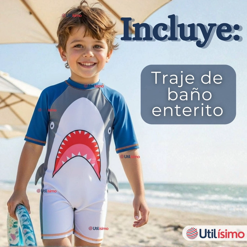 TRAJE DE BAÑO ENTERITO CON CREMALLERA MANGA CORTA NIÑO 2 A 6 AÑOS GRAY SHARK - 3