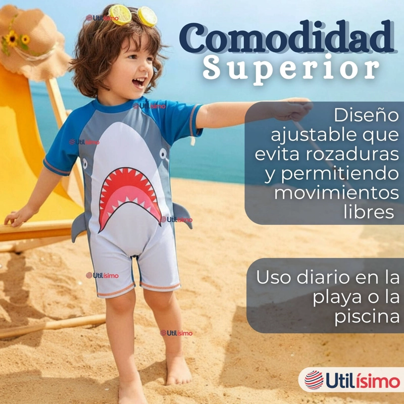 TRAJE DE BAÑO ENTERITO CON CREMALLERA MANGA CORTA NIÑO 2 A 6 AÑOS GRAY SHARK - 9