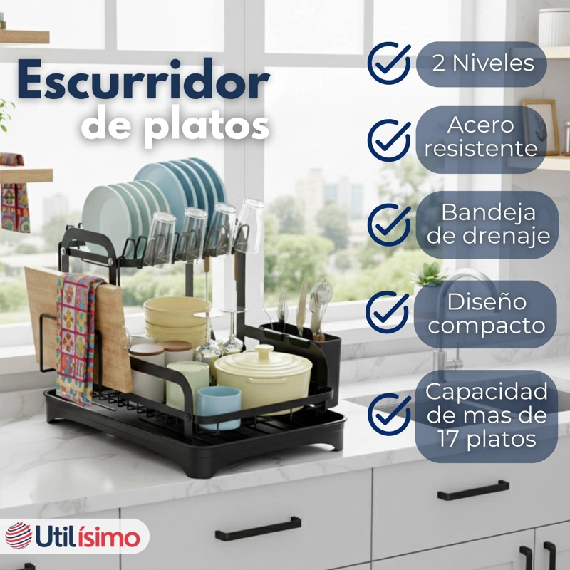 SECADOR ESCURRIDOR PARA PLATOS LOZA VAJILLA 2 NIVELES DRENAJE AUTOMATICO COLOR NEGR - 2