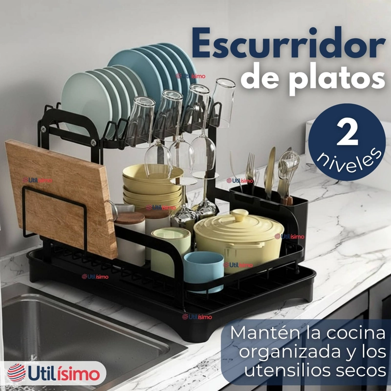 SECADOR ESCURRIDOR PARA PLATOS LOZA VAJILLA 2 NIVELES DRENAJE AUTOMATICO COLOR NEGR - 4