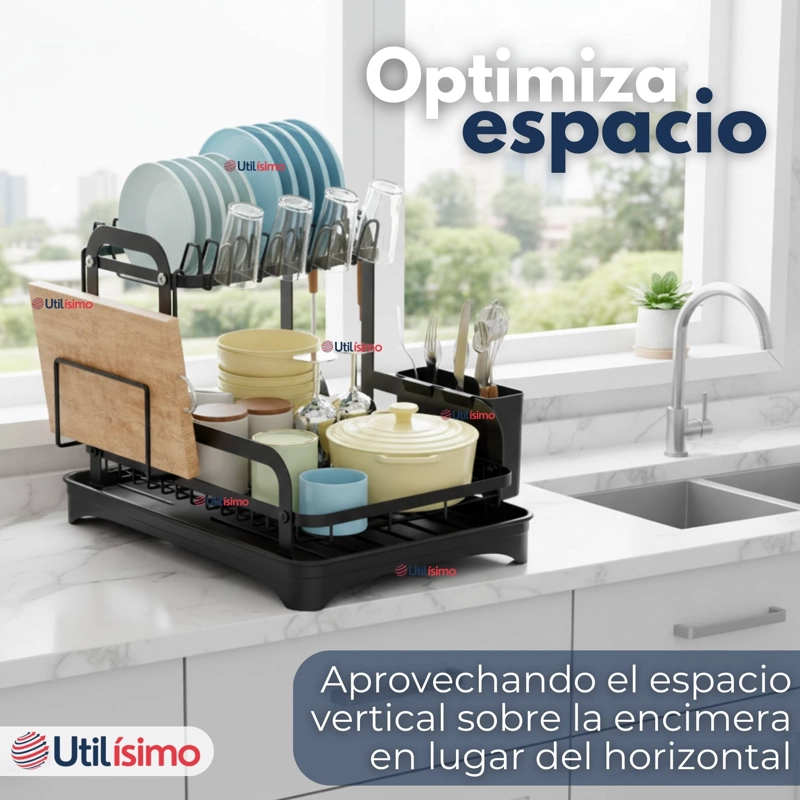 SECADOR ESCURRIDOR PARA PLATOS LOZA VAJILLA 2 NIVELES DRENAJE AUTOMATICO COLOR NEGR - 5
