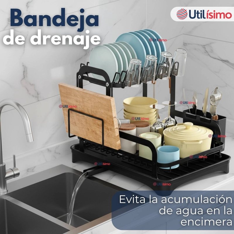 SECADOR ESCURRIDOR PARA PLATOS LOZA VAJILLA 2 NIVELES DRENAJE AUTOMATICO COLOR NEGR - 6
