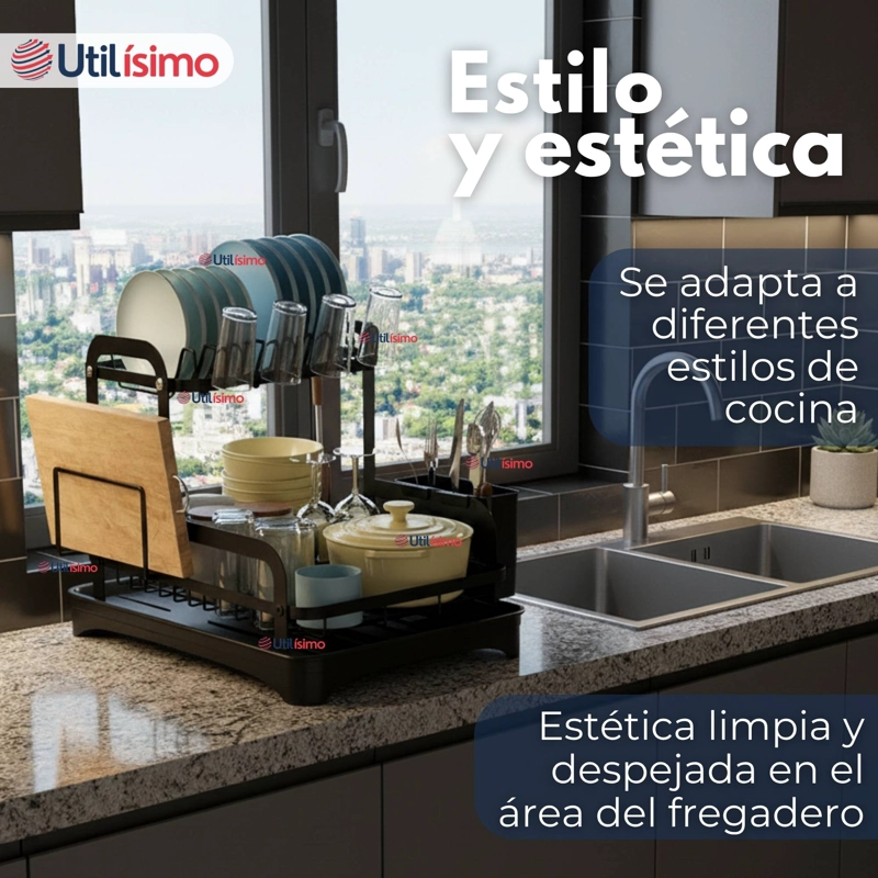 SECADOR ESCURRIDOR PARA PLATOS LOZA VAJILLA 2 NIVELES DRENAJE AUTOMATICO COLOR NEGR - 7