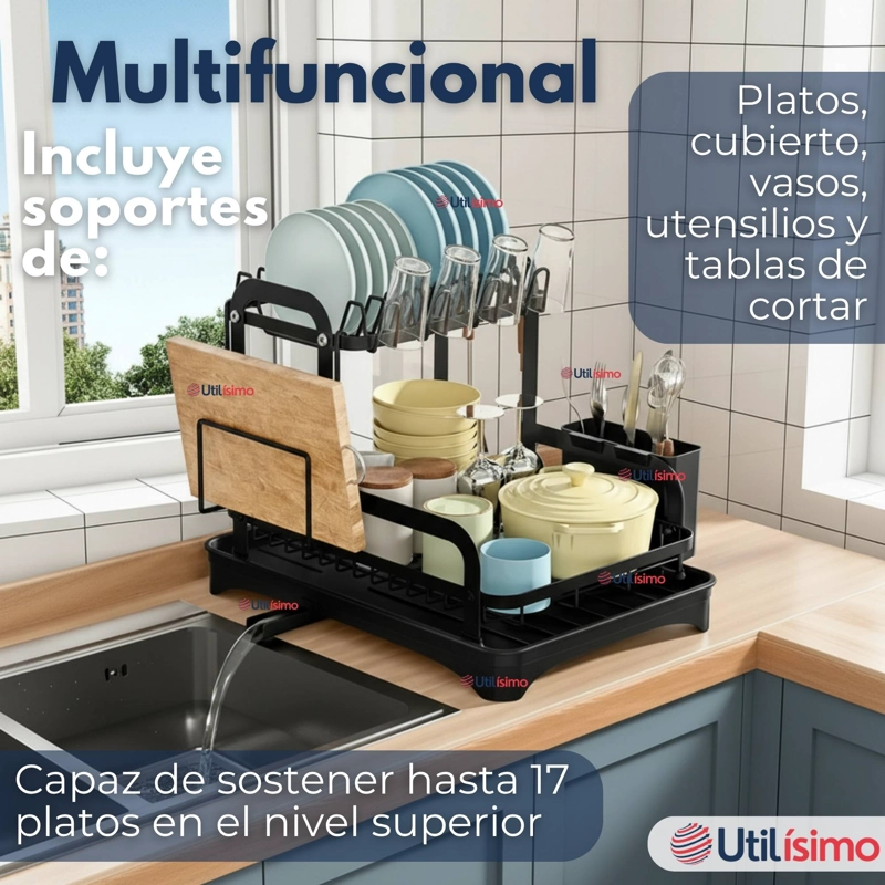 SECADOR ESCURRIDOR PARA PLATOS LOZA VAJILLA 2 NIVELES DRENAJE AUTOMATICO COLOR NEGR - 8