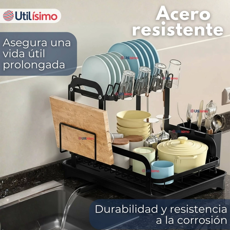 SECADOR ESCURRIDOR PARA PLATOS LOZA VAJILLA 2 NIVELES DRENAJE AUTOMATICO COLOR NEGR - 9