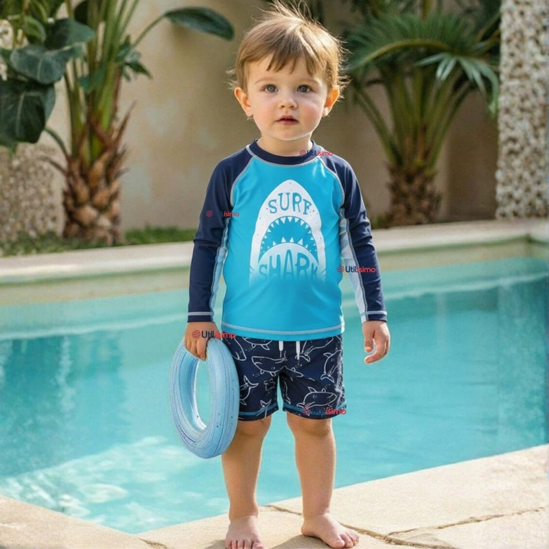 TRAJE DE BAÑO MANGA LARGA PANTALON CORTO 2 PIEZAS CORTE SPLIT NIÑO 3 A 9 AÑOS BLUE SHARK - 1