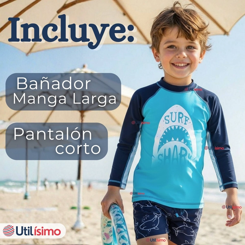 TRAJE DE BAÑO MANGA LARGA PANTALON CORTO 2 PIEZAS CORTE SPLIT NIÑO 3 A 9 AÑOS BLUE SHARK - 3