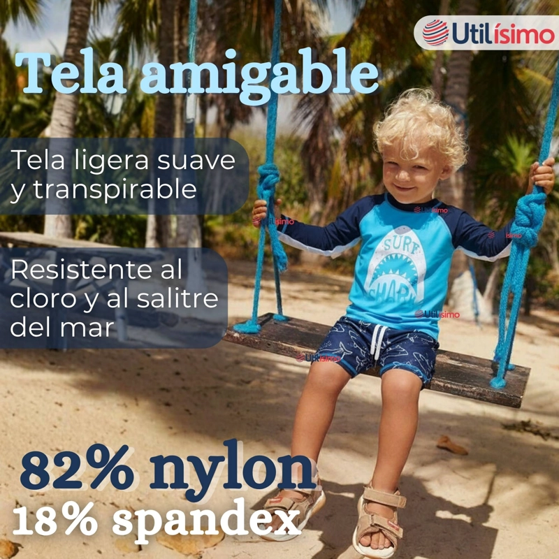 TRAJE DE BAÑO MANGA LARGA PANTALON CORTO 2 PIEZAS CORTE SPLIT NIÑO 3 A 9 AÑOS BLUE SHARK - 4