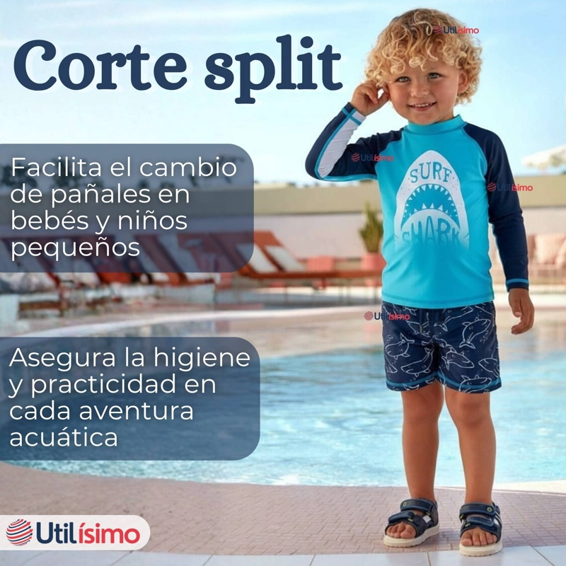 TRAJE DE BAÑO MANGA LARGA PANTALON CORTO 2 PIEZAS CORTE SPLIT NIÑO 3 A 9 AÑOS BLUE SHARK - 9
