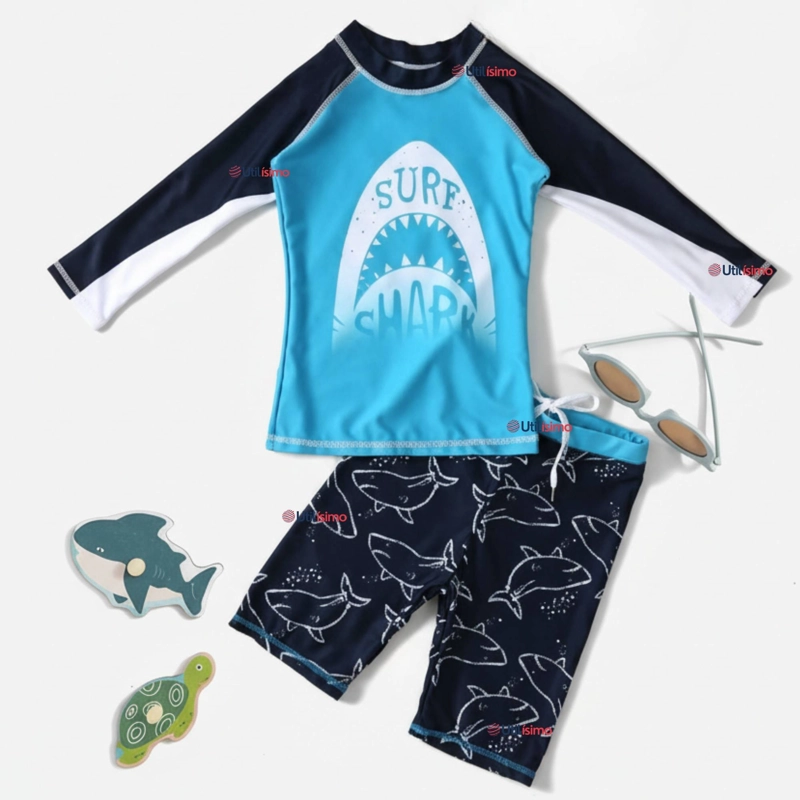 TRAJE DE BAÑO MANGA LARGA PANTALON CORTO 2 PIEZAS CORTE SPLIT NIÑO 3 A 9 AÑOS BLUE SHARK - 1